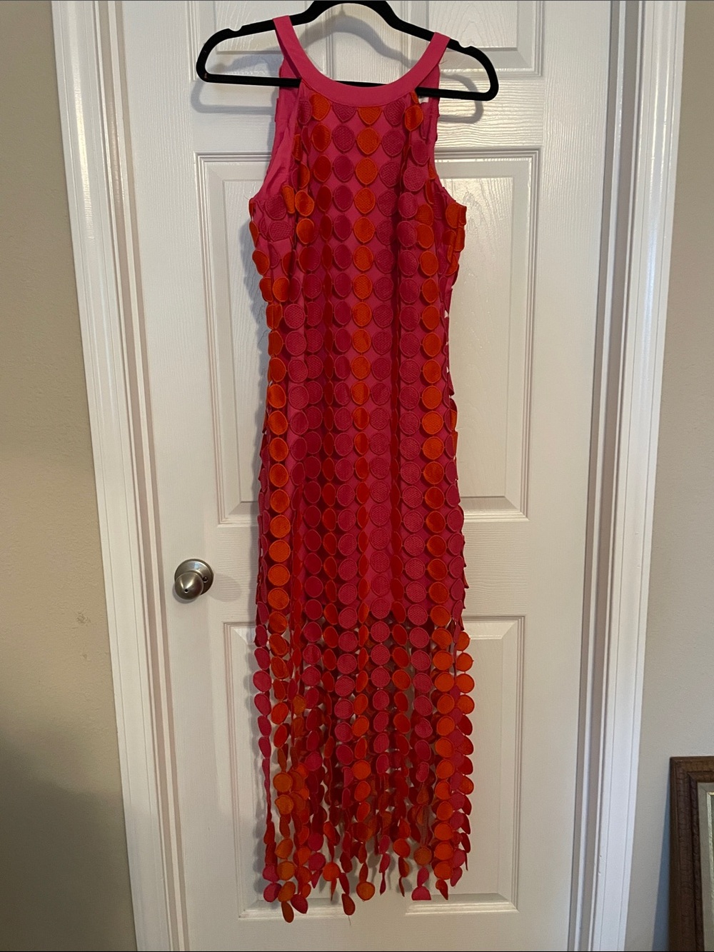 Sleeveless Pink and Orange Sequin Fringe Maxi Dress